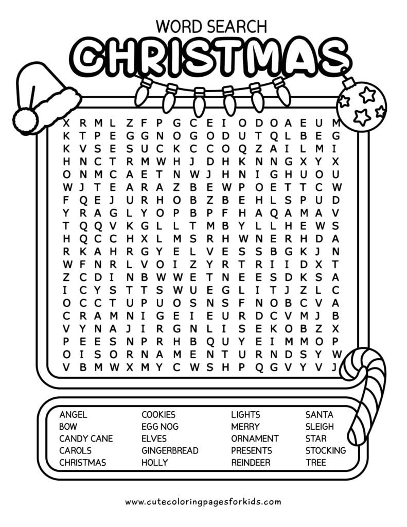 christmas word search in black and white with simple illustrations of santa hat, candy cane, and ornament