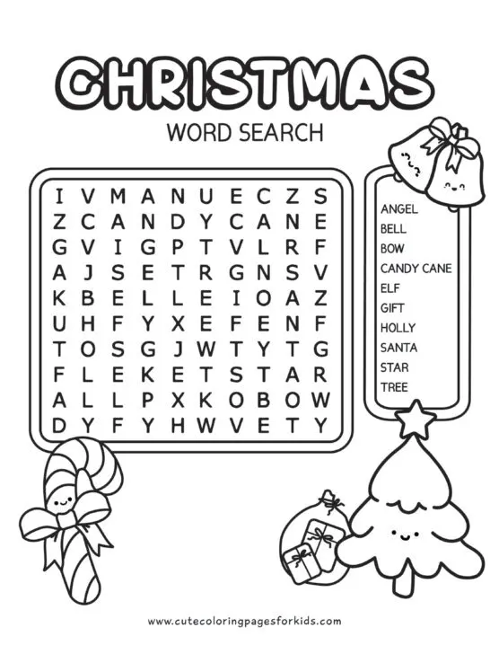 Easy word search with Christmas words for young kids, that has 10 words and Christmas characters in black and white.