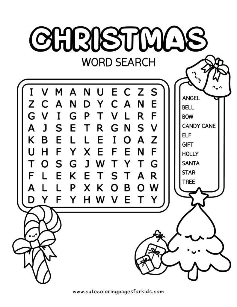 Easy word search with Christmas words for young kids, that has 10 words and Christmas characters in black and white.