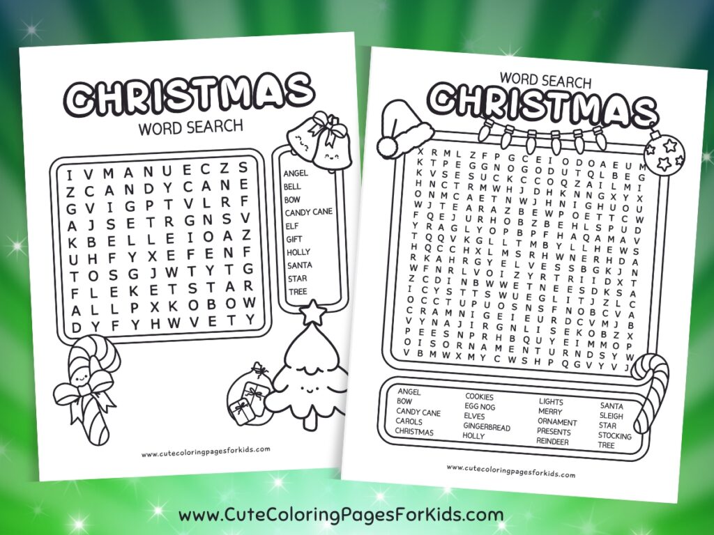 Two Christmas-themed word search puzzles in black and white with christmas characters and illustrations.