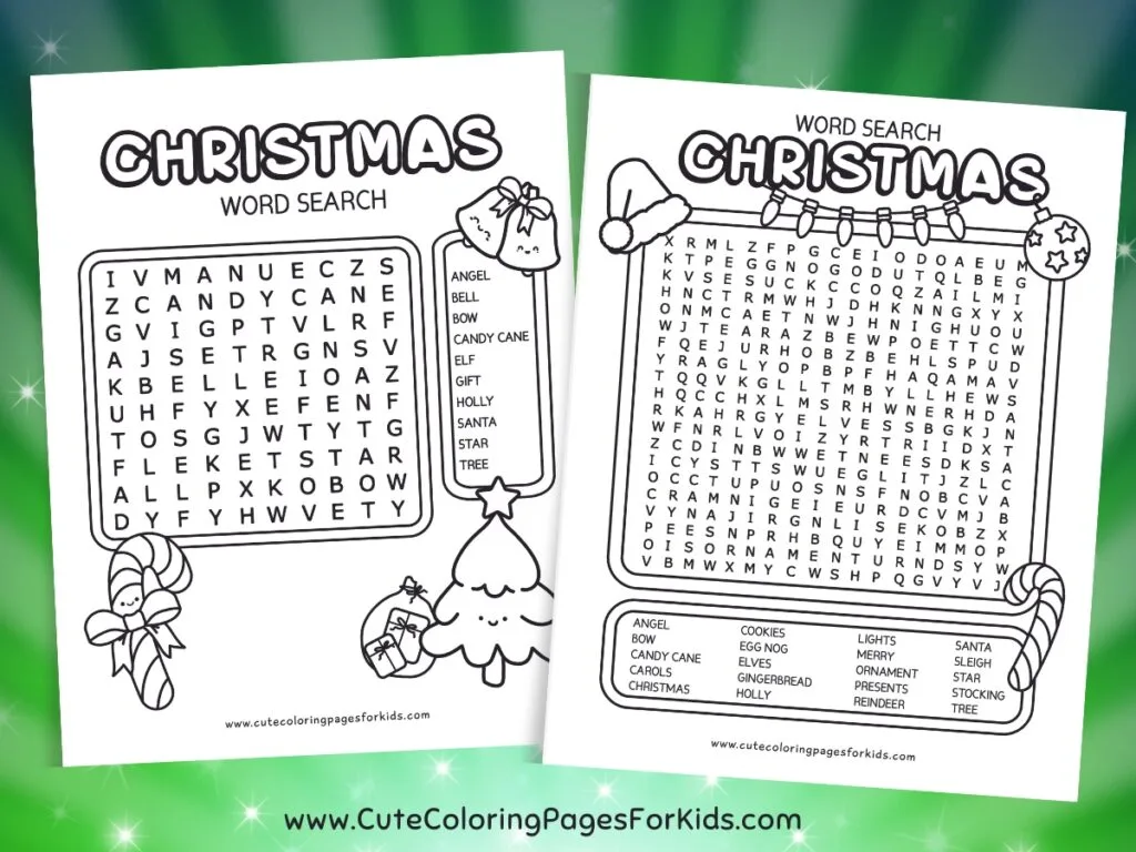 Two Christmas-themed word search puzzles in black and white with christmas characters and illustrations.