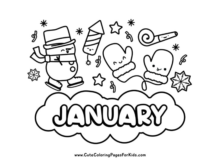 coloring sheet with the word January and smiling mittens, smiling firecracker, snowflakes, and ice skating snowman