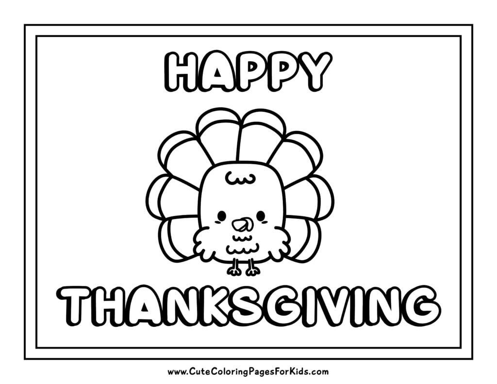 Happy Thanksgiving coloring page with picture of a cute turkey