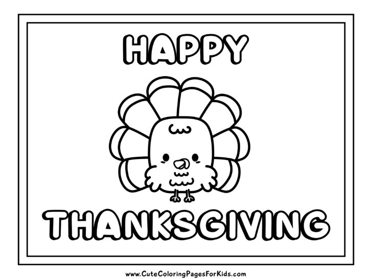Happy Thanksgiving coloring page with picture of a cute turkey