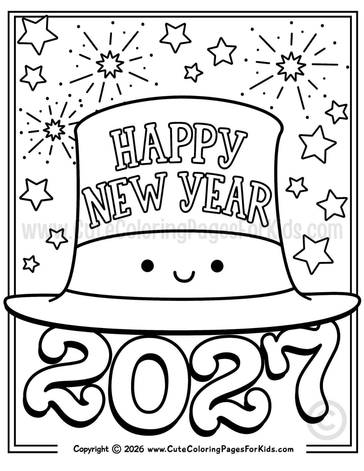 Happy new year coloring page with smiling top hat character and the year 2027.