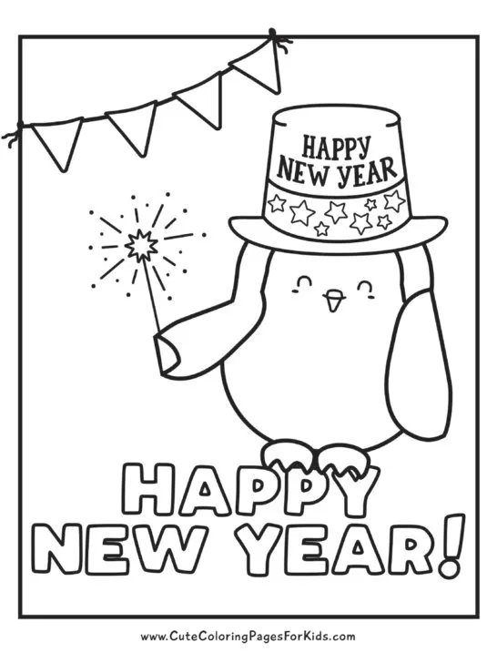 coloring page with penguin holding sparkler and wearing a Happy New Year hat with stars.