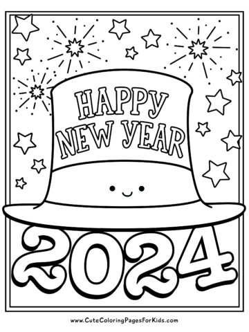 coloring page, black and white line drawing, with a cute Happy New Year hat, fireworks and stars, and the year 2024