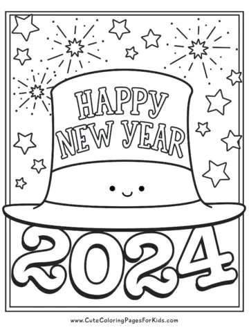 coloring page, black and white line drawing, with a cute Happy New Year hat, fireworks and stars, and the year 2024