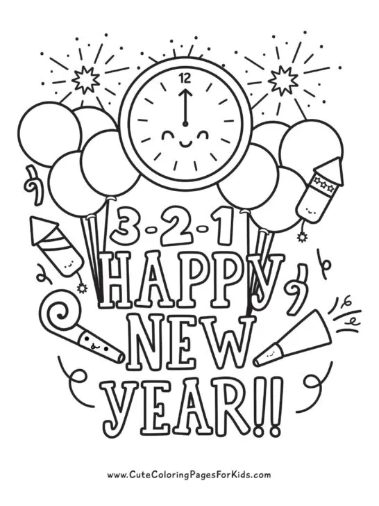 New Year's Eve coloring page with clock and cute, festive characters.