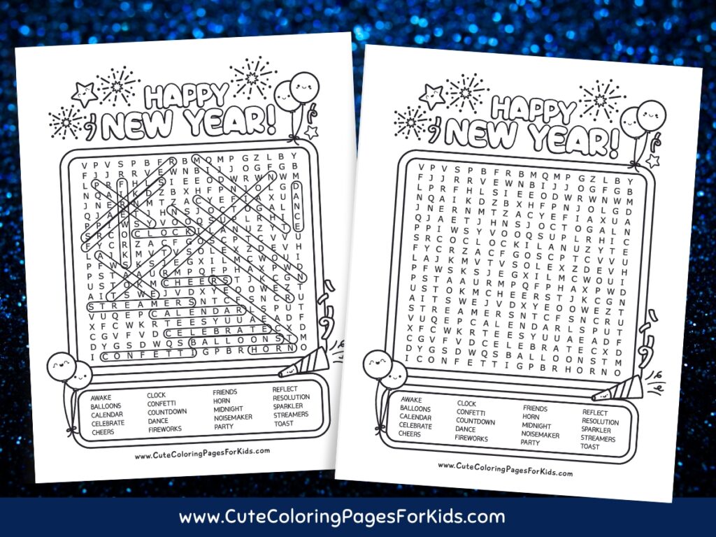 Two New Year's themed word search puzzles in black and white with clock, firecracker, horns, and balloon characters and illustrations.