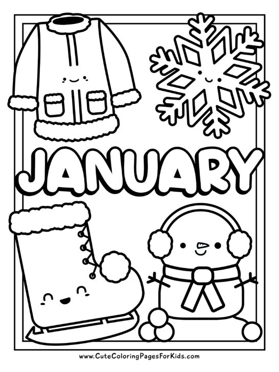 month of January coloring sheet with cute snowman, snowflake, coat, and ice skate in black and white