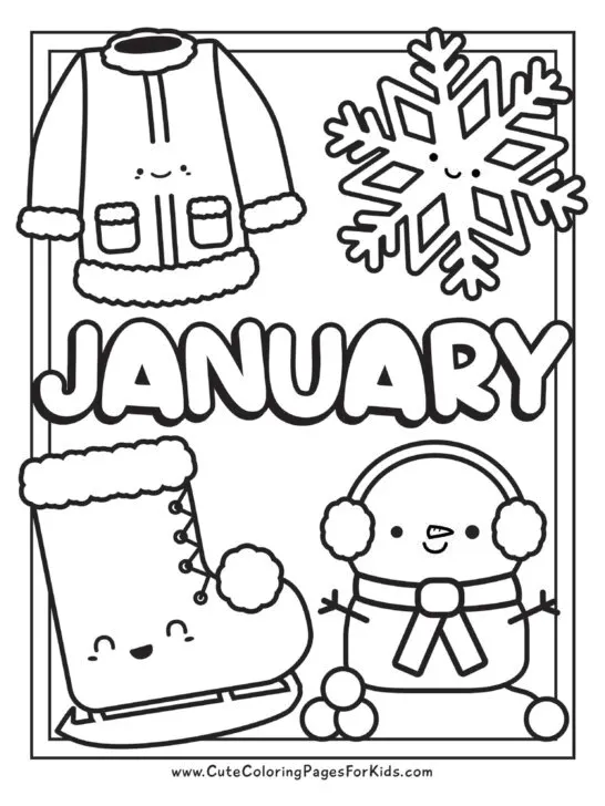 month of January coloring sheet with cute snowman, snowflake, coat, and ice skate in black and white