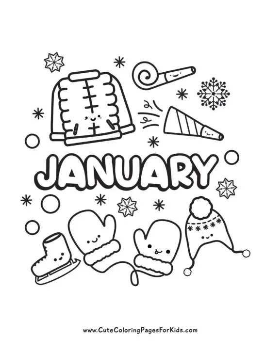 coloring sheet for the month of january with cute kawaii characters: mittens, hat, jacket, ice skate.