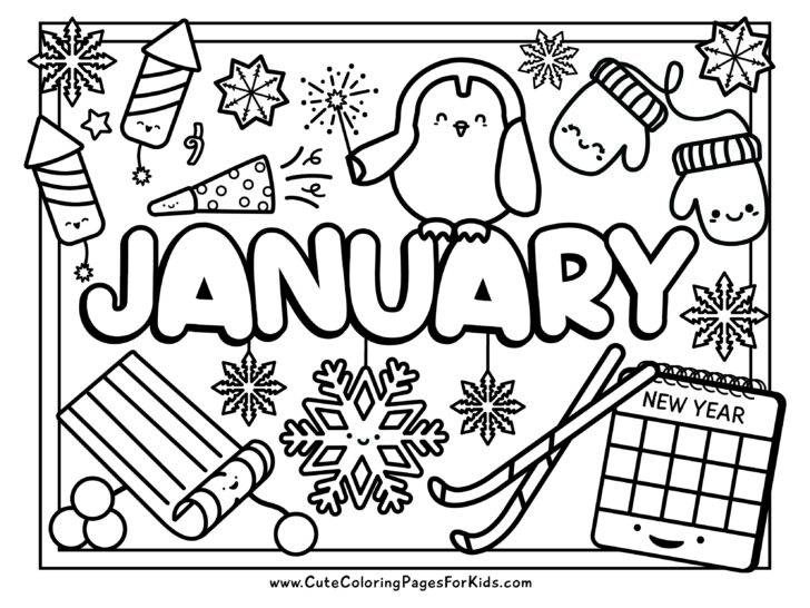 January coloring page with cute drawings of a penguin, firecrackers, noisemakers, mittens, snowflakes, a sled, and a calendar.