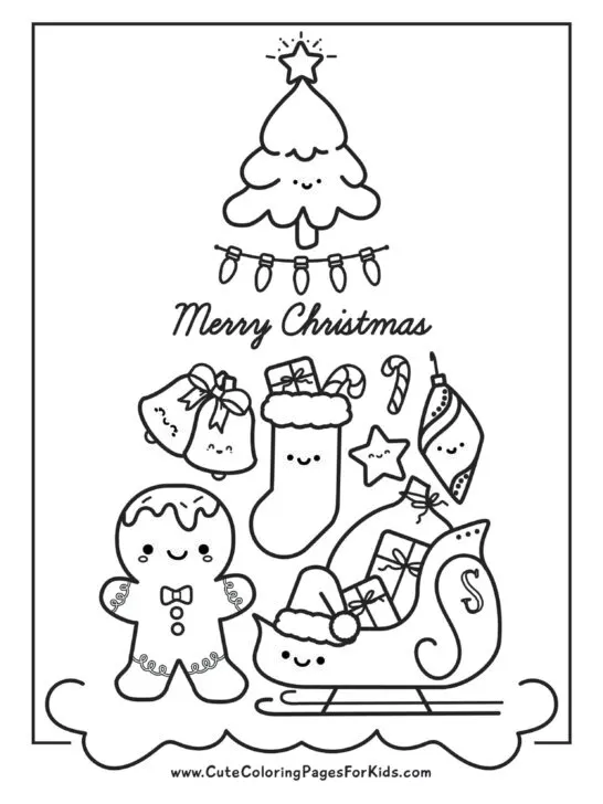 black and white line drawing of cute Christmas characters that make the shape of a tree, with the words "Merry Christmas" in script writing. 