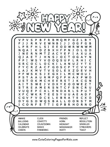 Happy new Year words above box with letters and word list for word search listed below. Includes illustrations of balloons, confetti, horn, and fireworks.
