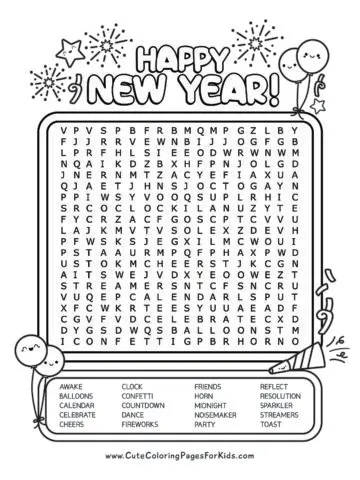 Happy new Year words above box with letters and word list for word search listed below. Includes illustrations of balloons, confetti, horn, and fireworks.