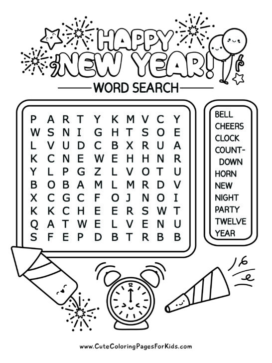 Easy word search with New Year's words for young kids, that has 10 words and cute illustrations.