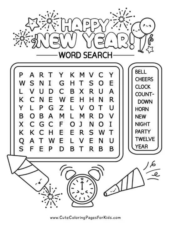 Easy word search with New Year's words for young kids, that has 10 words and cute illustrations.