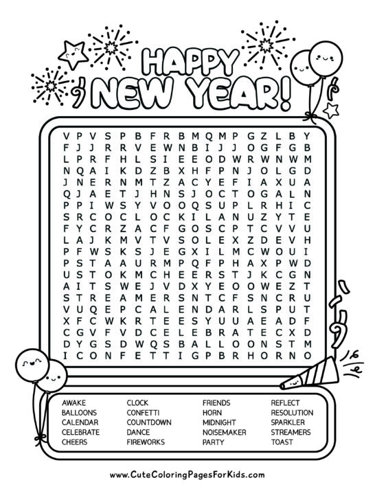 Black and white New Year's word search puzzle with word list and cute characters, such as stars, balloons, and confetti.