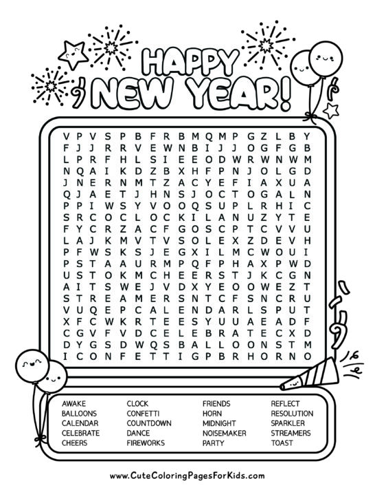 Happy new Year words above box with letters and word list for word search listed below. Includes illustrations of balloons, confetti, horn, and fireworks.