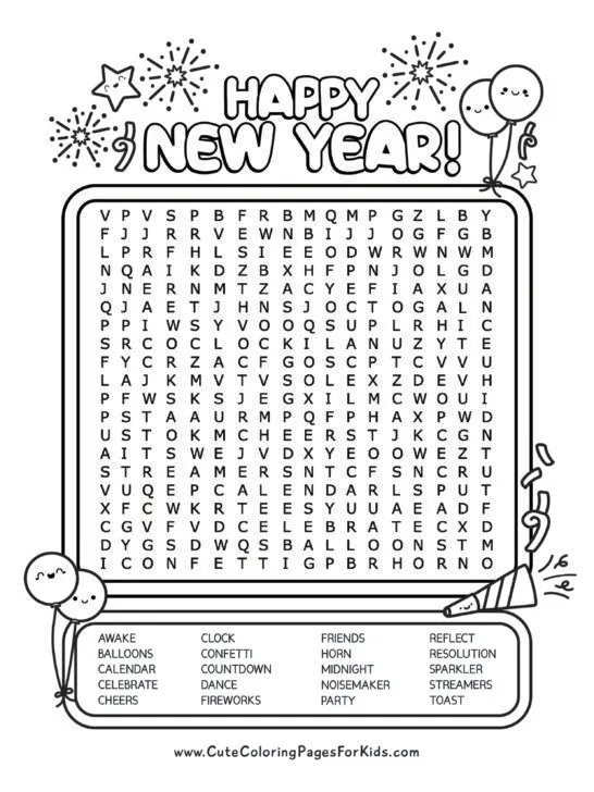 Happy new Year words above box with letters and word list for word search listed below. Includes illustrations of balloons, confetti, horn, and fireworks.