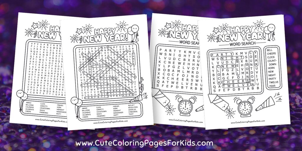 Four New Year's themed word searches with answer sheets. Black and white activity sheets on purple sparkly background.