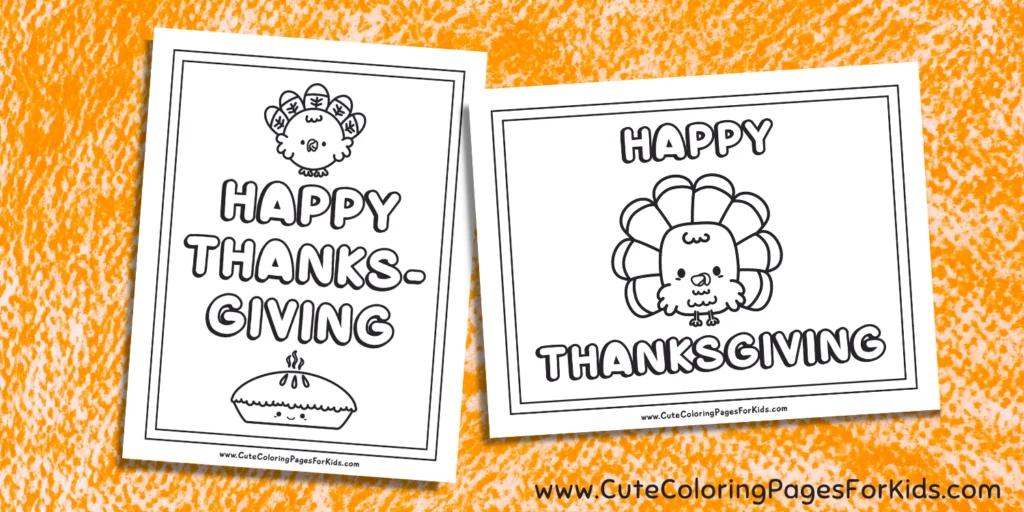 thanksgiving coloring pages with turkeys, pie, on an orange crayon background