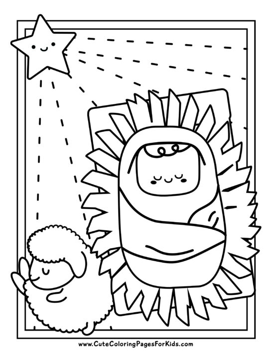 coloring page of Baby Jesus in straw manger with little lamb sleeping next to him. Cartoon style drawing in black and white.