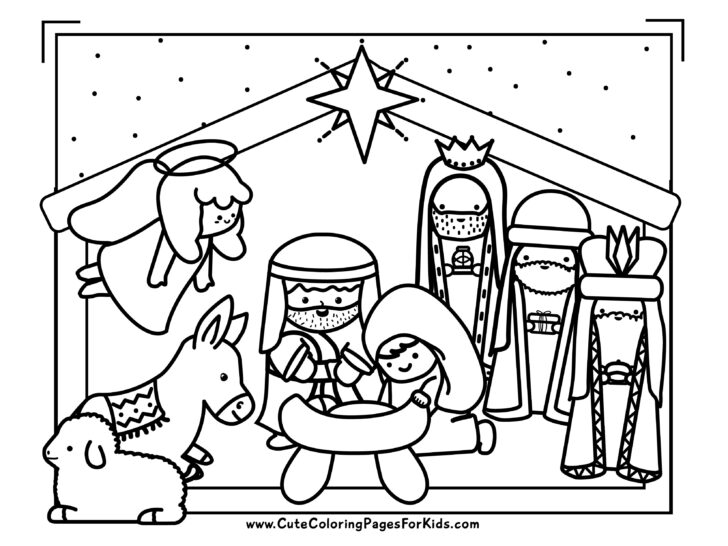 Religious Christmas coloring sheet depicting a nativity scene, including an angel, star, wise men, Mary, Joseph, Jesus, donkey, and lamb.