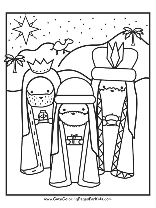 coloring page showing illustrations of the 3 wise men from the Christian Christmas story