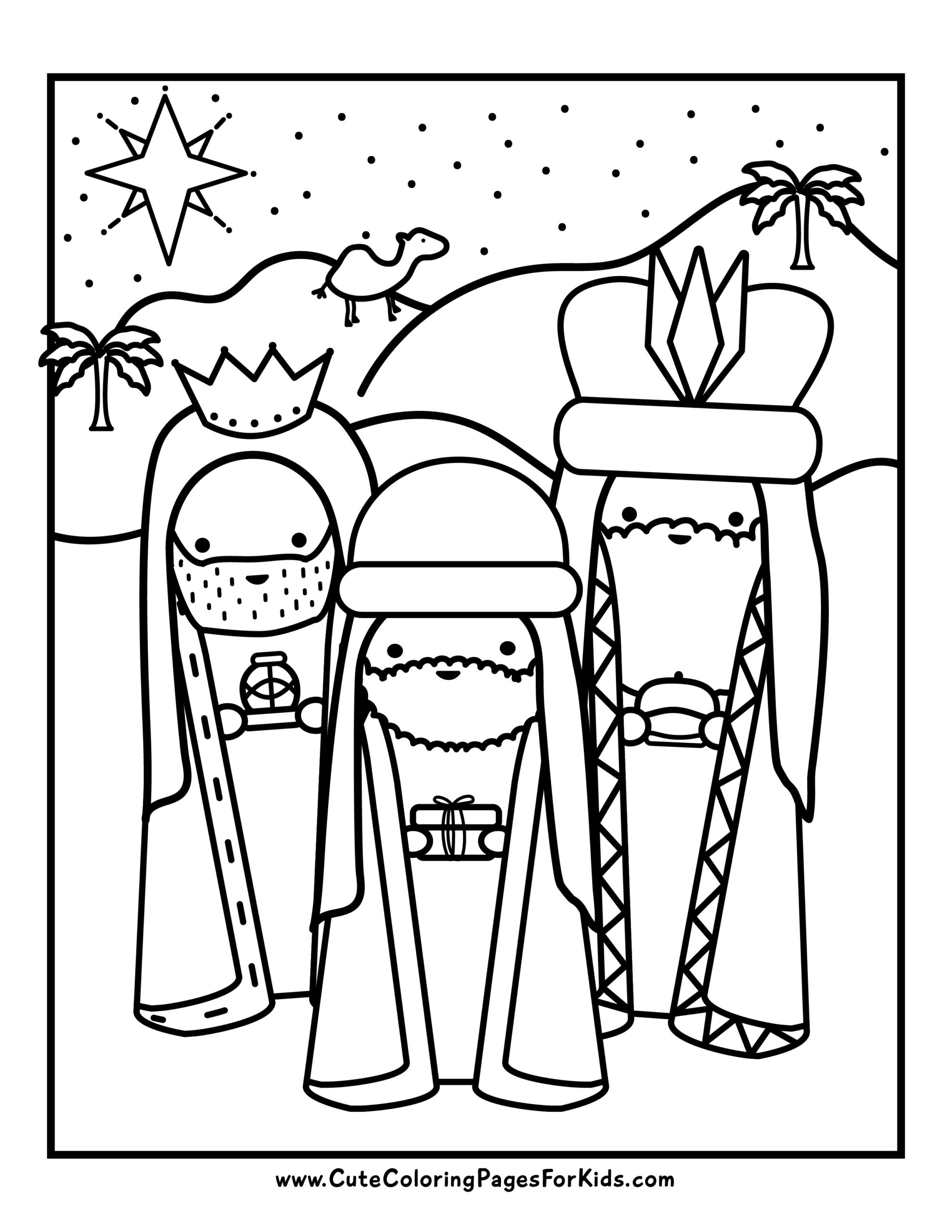 christian christmas coloring page depicting wise men with north star