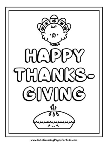 thanksgiving coloring sheet with drawing of a cute turkey and a kawaii pie