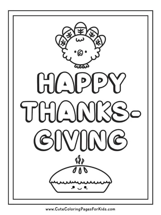 thanksgiving coloring sheet with drawing of a cute turkey and a kawaii pie