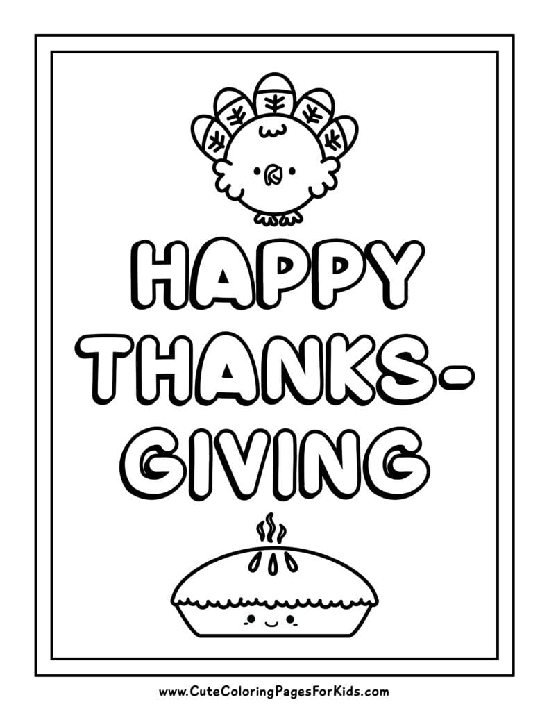 thanksgiving coloring sheet with drawing of a cute turkey and a kawaii pie