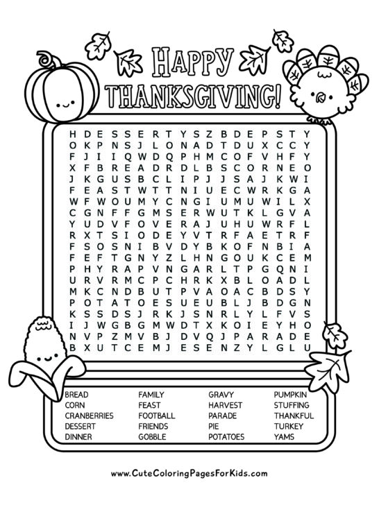 Thanksgiving word search puzzle with cartoon Thanksgiving characters in black and white