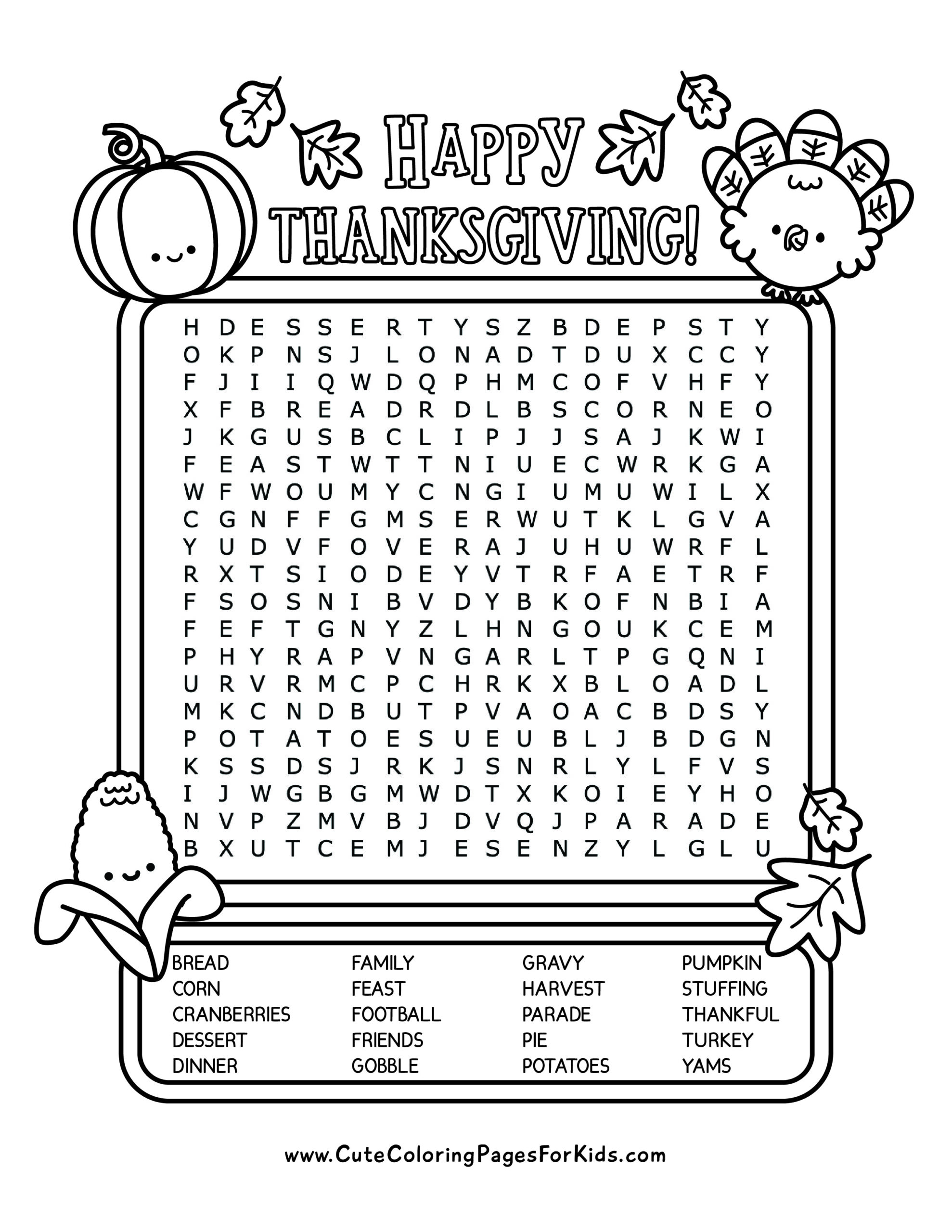 Thanksgiving Word Search - Cute Coloring Pages For Kids