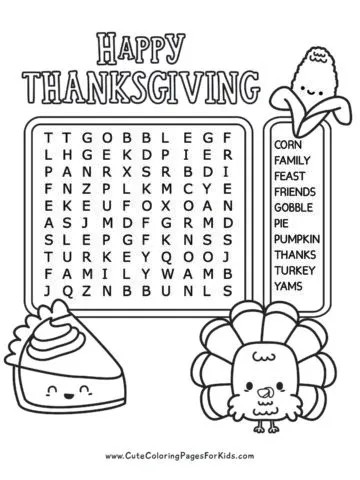 Easy word search with Thanksgiving words for young kids, that has 10 words and turkey and pie characters in black and white.