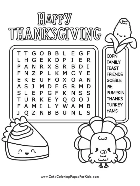 Easy word search with Thanksgiving words for young kids, that has 10 words and turkey and pie characters in black and white.