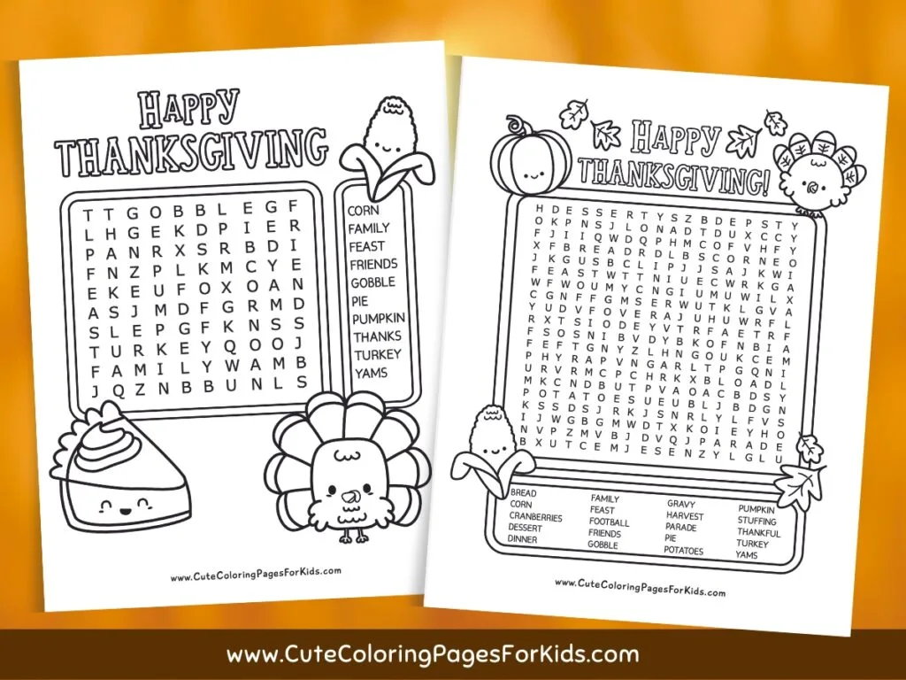 Two Thanksgiving-themed word search puzzles in black and white with turkey, pie, and corn characters and illustrations.