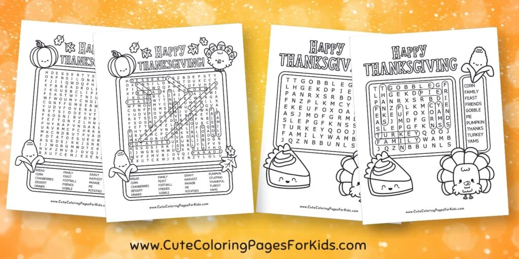 four thanksgiving themed word searches with answer sheets. Black and white activity sheets on orange sparkly background.