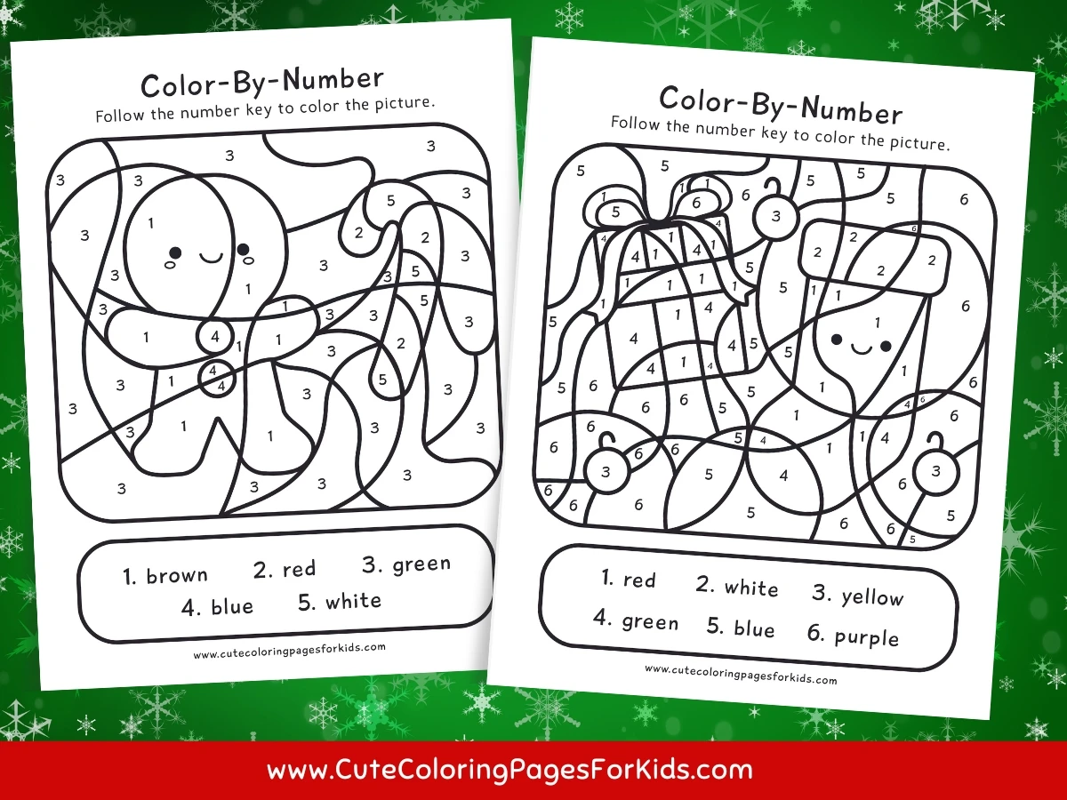 two variations of Christmas themed color-by-number sheets on a green background