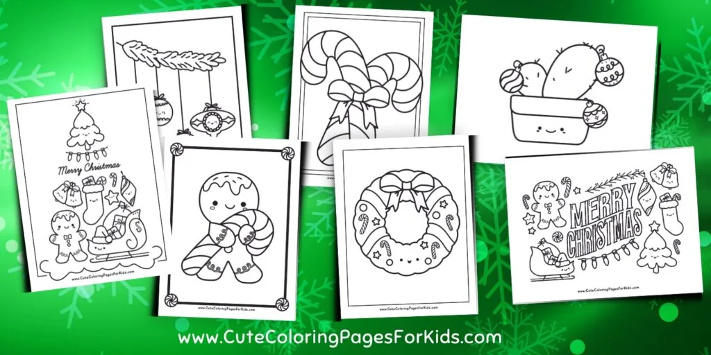 layout of seven christmas themed coloring sheets on green background