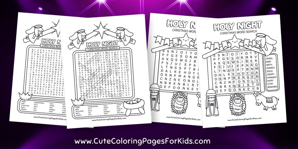 examples of Christian word search puzzles with the answer sheets on purple background