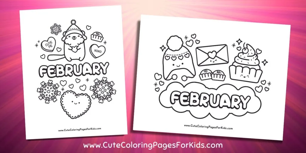 Two February coloring sheets on a pink and red abstract background.