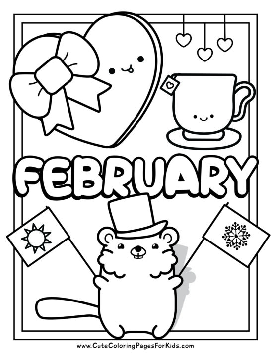 easy coloring page for February with groundhog, heart-shaped box of chocolates, and cup of tea, with the word February.