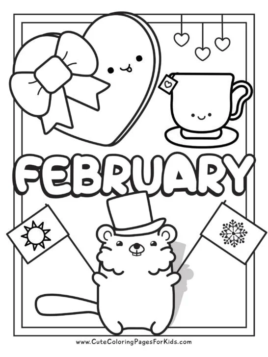 easy coloring page for February with groundhog, heart-shaped box of chocolates, and cup of tea, with the word February.