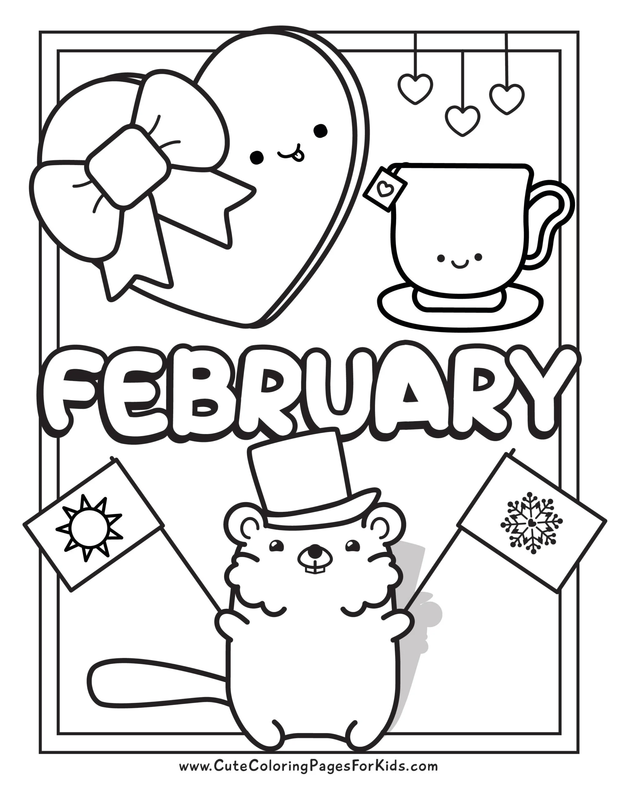 month of februay coloring page with cute groundhog, hear-shaped box of choclates, and cup of tea