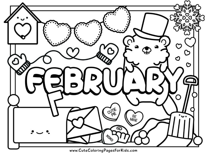 Full page coloring sheet for the month of February, with text and line drawings of birdhouse, snowflakes, hearts, cute mailbox, shovel, and snow.