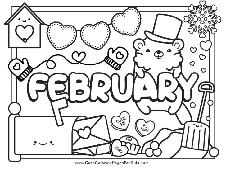 Full page coloring sheet for the month of February, with text and line drawings of birdhouse, snowflakes, hearts, cute mailbox, shovel, and snow.